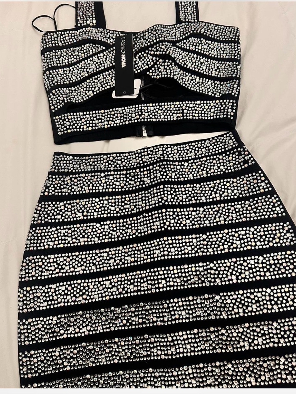 Fashion Nova Black and Silver Crystal Embellished Crop Top - Picture 4 of 5
